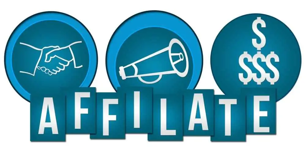 Three blue icons representing affiliate marketing, with symbols of a handshake, megaphone, and dollar signs, along with the word 'AFFILIATE' below.