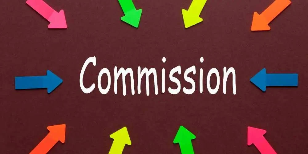 Commission concept in affiliate marketing depicted with dollar signs and transaction icons