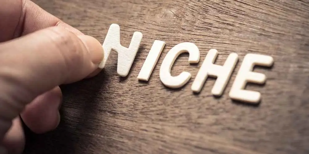 Close-up of a hand placing wooden letters spelling 'NICHE' on a wooden surface, symbolizing the process of identifying a specialized niche.