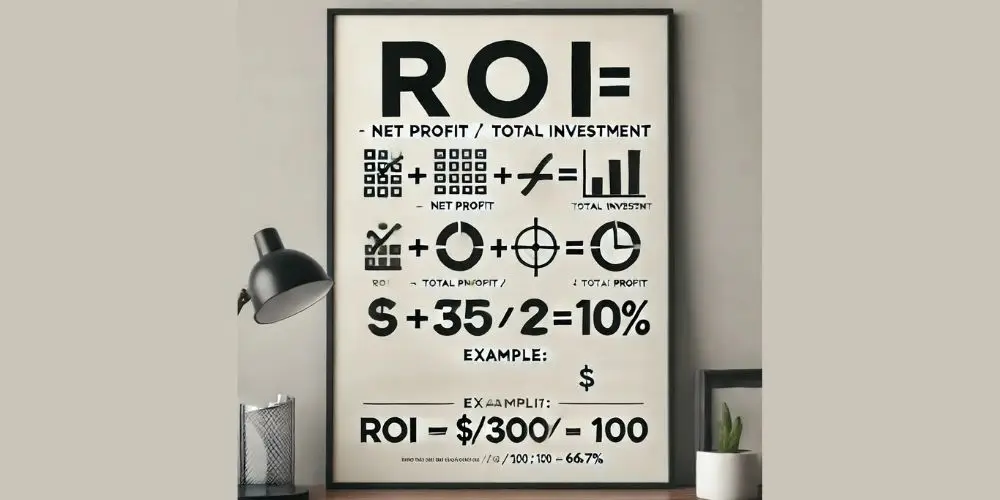 Visual representation of the ROI formula, including an example calculation showing a 66.67% return on investment.