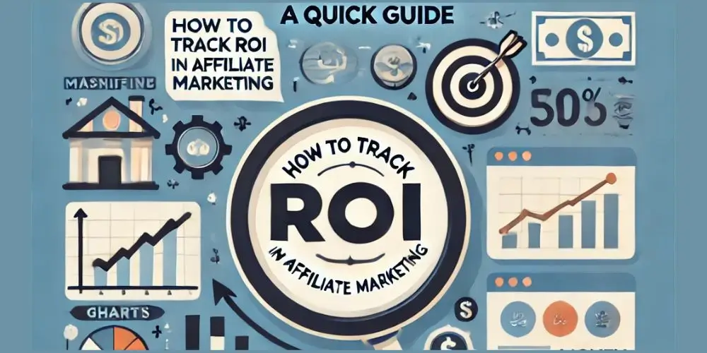 Infographic showing how to track ROI in affiliate marketing, with icons for charts, graphs, dollar signs, and a magnifying glass, along with the text 'How To Track ROI In Affiliate Marketing: A Quick Guide.