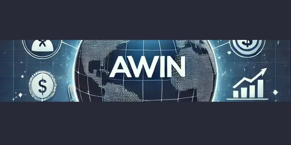 AWIN logo displayed on a digital globe background with icons representing money, growth charts, and affiliate marketing.