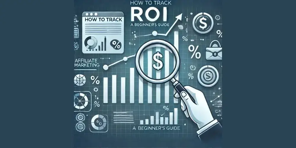 Visual representation of how to track ROI in affiliate marketing, featuring graphs, charts, a magnifying glass, and monetary symbols.