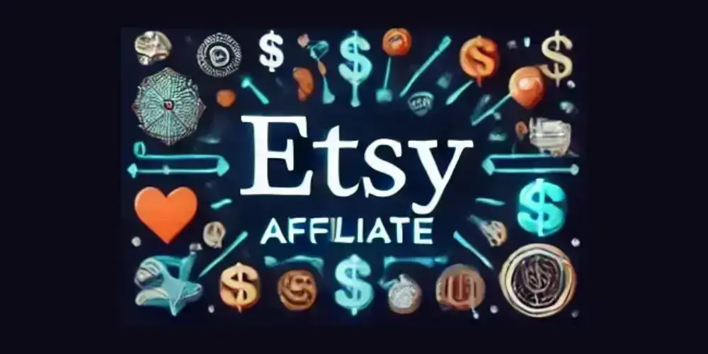 Etsy Affiliate logo with icons of crafts, dollar signs, and shopping elements surrounding the text, representing affiliate marketing and handmade products.