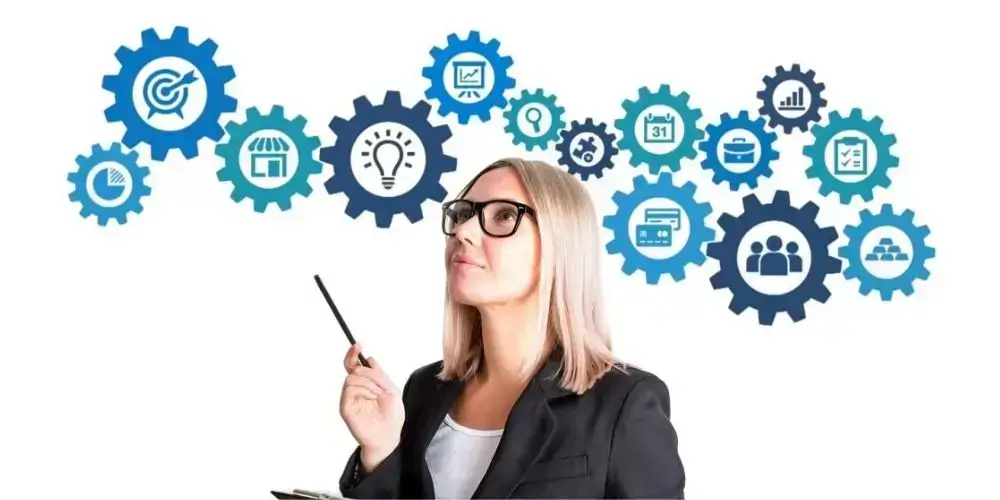 A businesswoman holding a pen, surrounded by gear icons representing various business strategies like marketing, planning, and innovation.