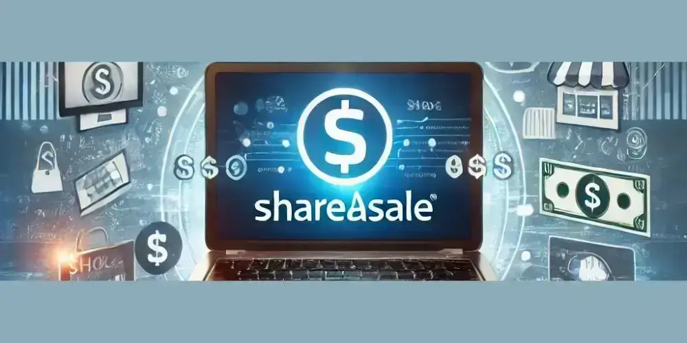 ShareASale logo displayed on a laptop screen surrounded by icons representing online shopping, money, and affiliate marketing.