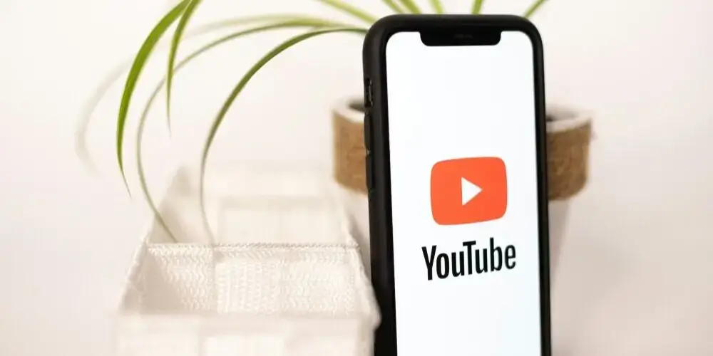 A smartphone displaying the YouTube logo, placed on a desk with potted plants in the background.