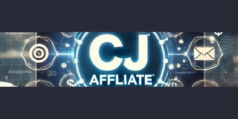 CJ Affiliate logo with digital icons of a target, email, and dollar signs on a dark background.