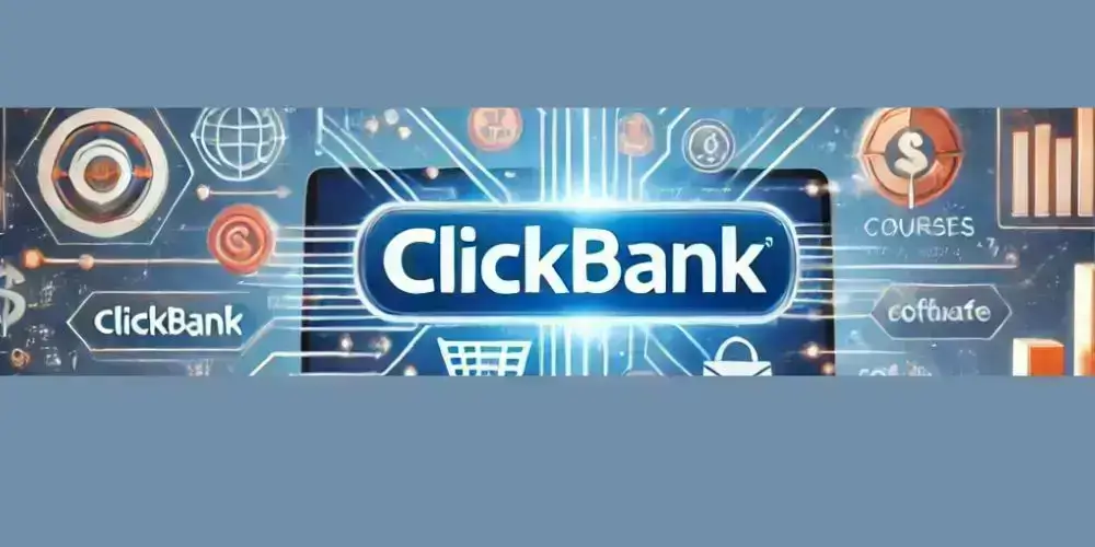 ClickBank logo displayed on a digital background with icons representing online courses, shopping carts, and global marketing.