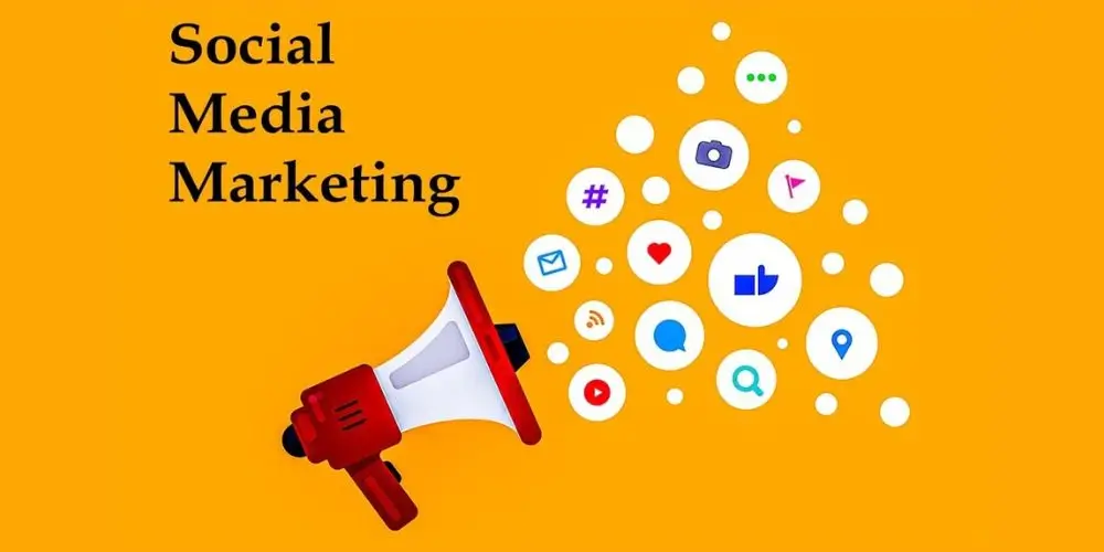 A megaphone with various social media icons like thumbs up, hashtags, and camera, representing social media marketing on a bright yellow background.