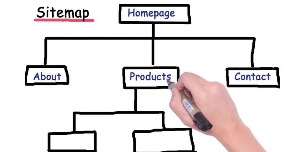 A hand drawing a simple sitemap structure with sections like Homepage, About, Products, and Contact, representing website organization.