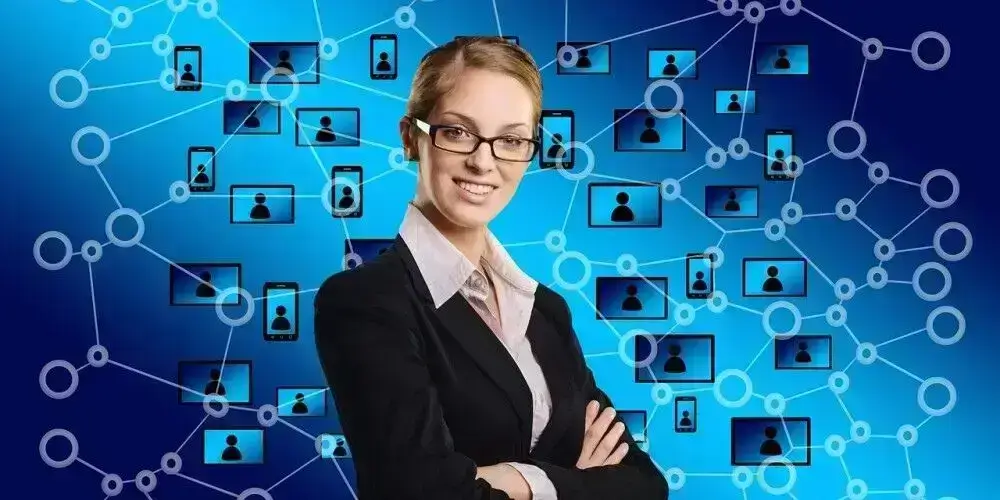 A confident businesswoman standing in front of a network graphic of connected profiles, symbolizing networking and connections in affiliate marketing.