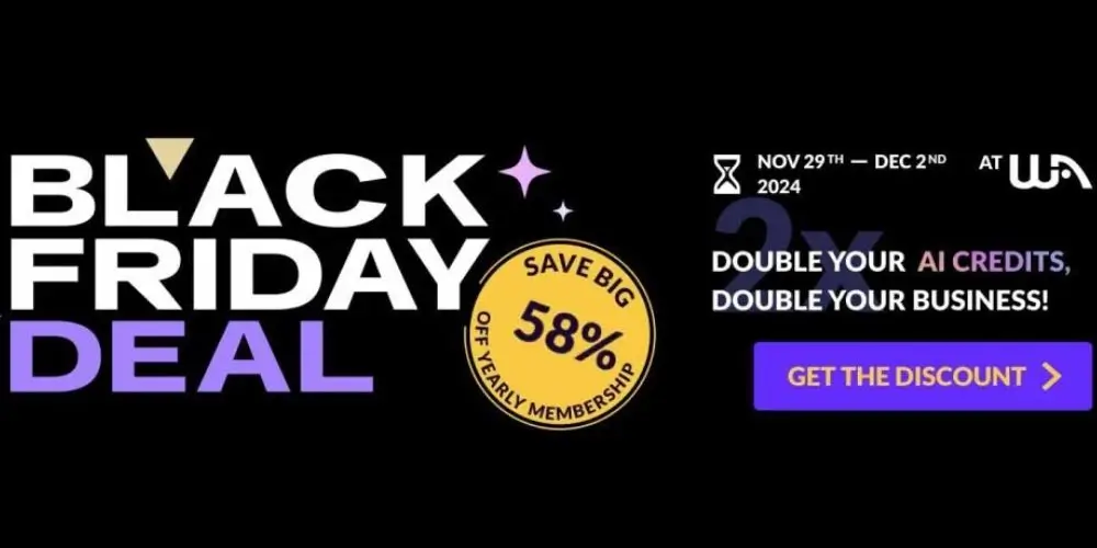 Black Friday deal advertisement for Wealthy Affiliate, offering 58% off yearly membership and double AI credits from November 29 to December 2, 2024.